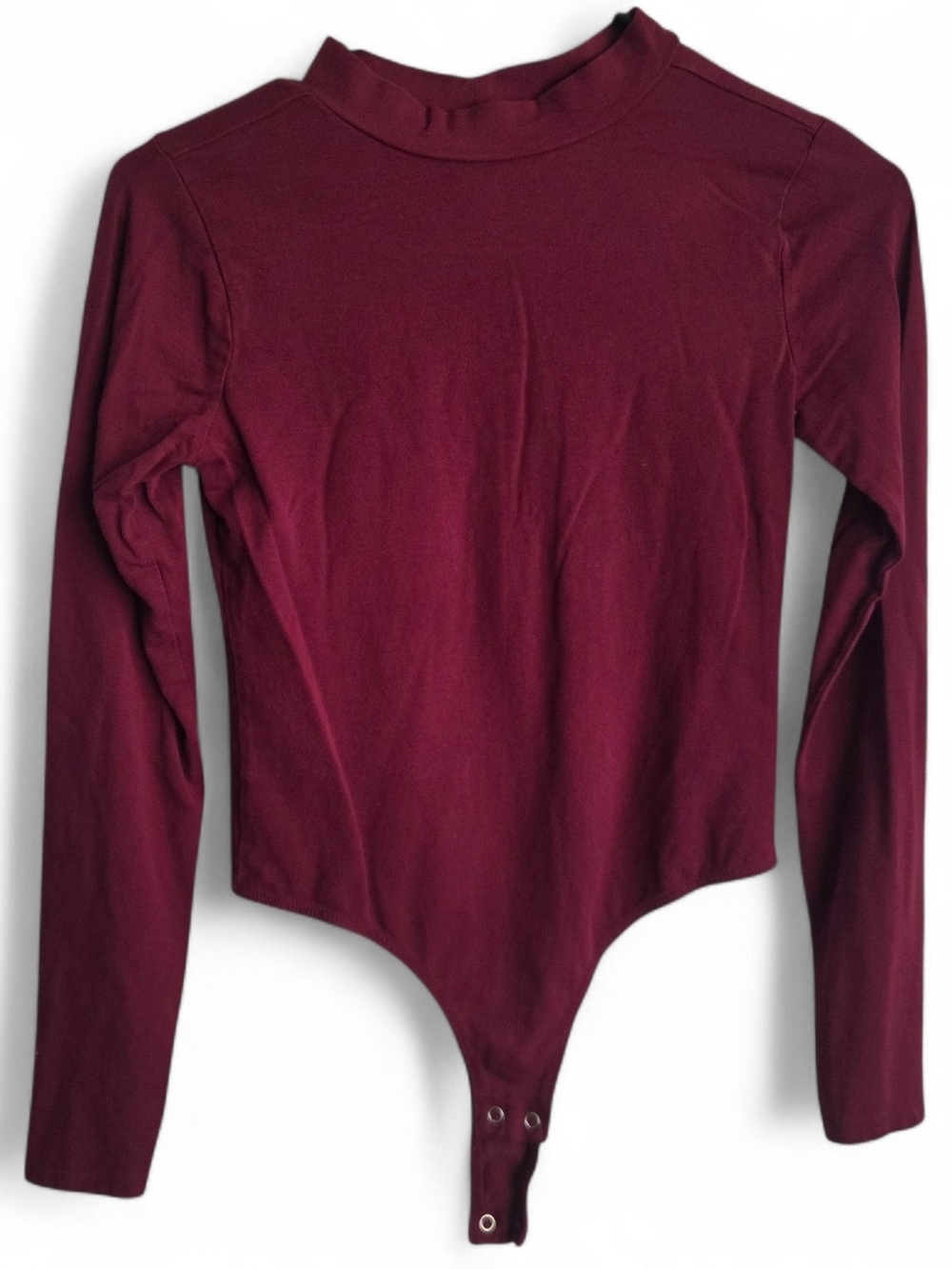 Burgundy Plum Wine Red Bodysuit Mock Neck Long Sleeve Button Crotch
